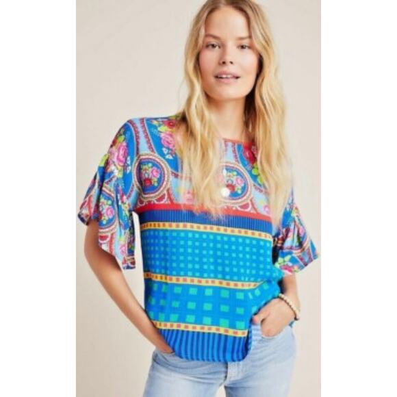 Anthropologie x Conditions Apply SELENE XS 4/6 Blue Pink Floral Tunic Blouse - Picture 1 of 3